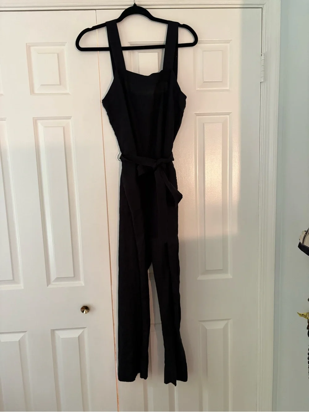 Quince Black Sleeveless Wide-Leg Linen Jumpsuit with Waist Tie